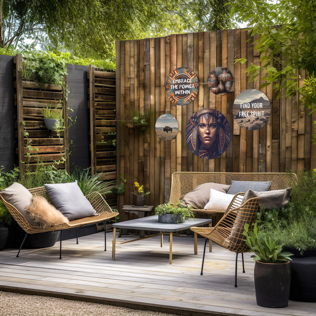 Buitendecoratie met Wallingo's 'Power of Wilderness' muurcirkel set, opgehangen in een gezellige tuinlounge.
